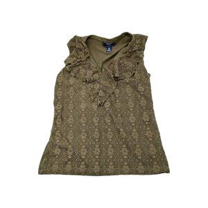 CHAPS Womens Petite Small Tank Top Olive Green Floral Lace Front Ruffles PS